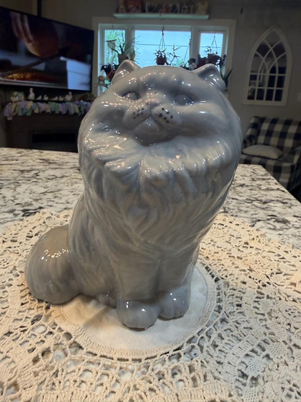 Gray Ceramic Cat Figurine Decorative Statue - Pets Cat